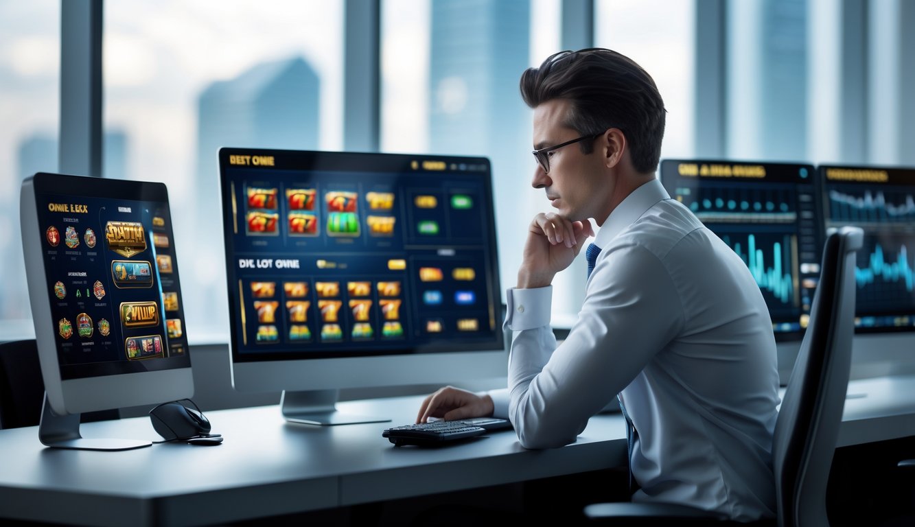 Seorang profesional duduk di meja modern dengan beberapa layar komputer menampilkan permainan slot online dan data analitik di kantor yang terang dan rapi.