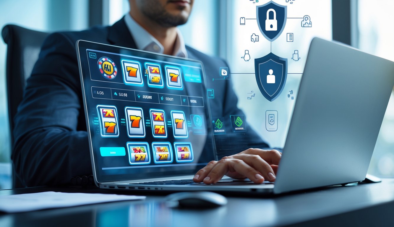 Seorang profesional sedang melihat data permainan slot online di laptop di kantor modern.