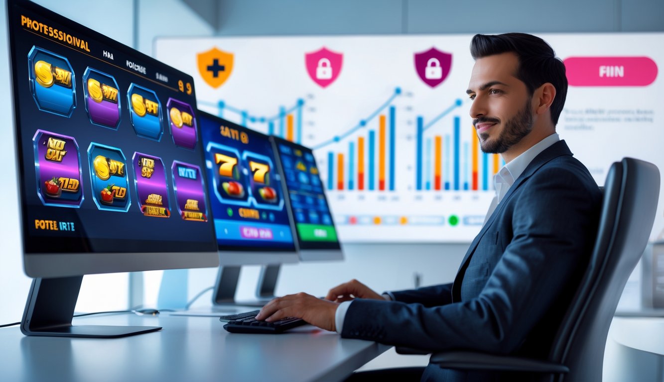 Seorang profesional duduk di depan komputer dengan layar menampilkan permainan slot online dan ikon keamanan, di ruang kantor modern.