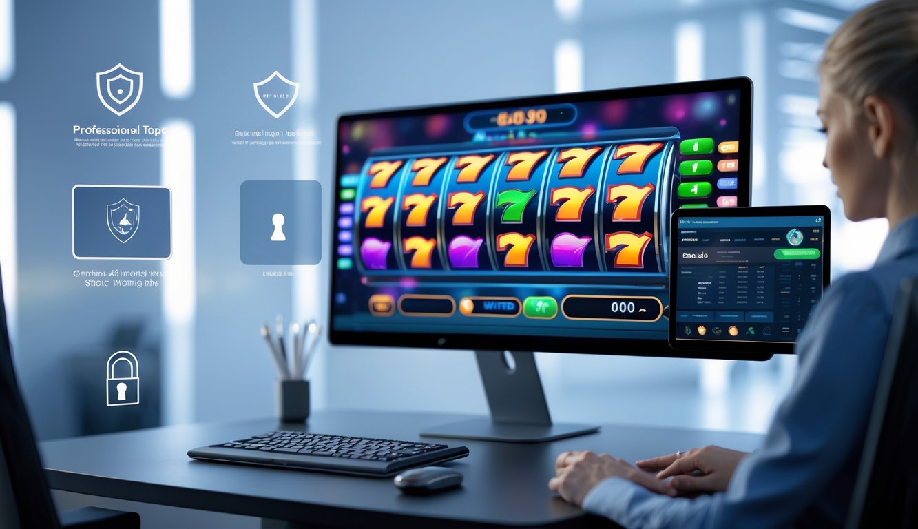 Seorang profesional duduk di depan komputer dengan layar menampilkan permainan slot warna-warni, di ruang kerja yang rapi dan modern.
