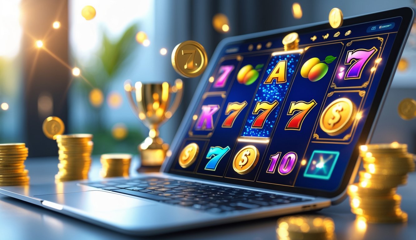 Seorang pemain sedang menggunakan perangkat digital yang menampilkan mesin slot online dengan simbol keberuntungan dan koin emas berkilauan.