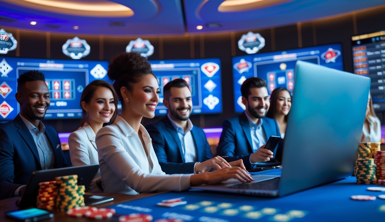 Orang-orang sedang bermain permainan kasino online dengan laptop dan ponsel di ruangan modern yang terang dan elegan.