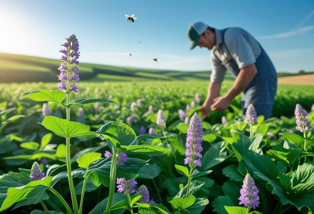 A green field of alfalfa plants with purple flowers under a clear sky, a farmer inspecting the plants, and bees flying nearby.