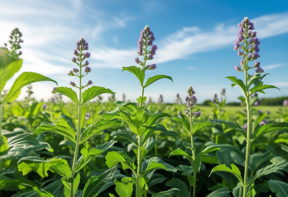 A lush green alfalfa field with purple flowers under a clear blue sky.