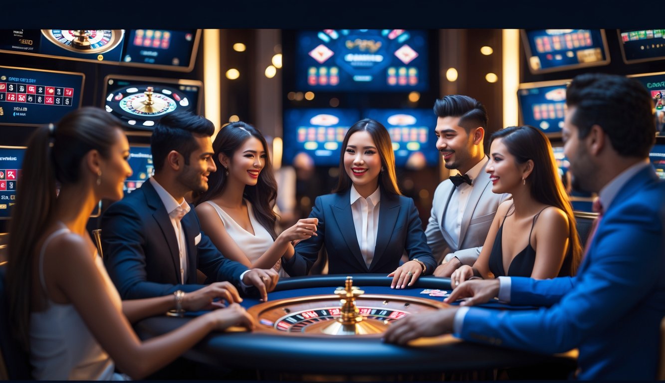 Orang-orang bermain permainan kasino langsung secara online dengan dealer yang ramah di layar komputer.