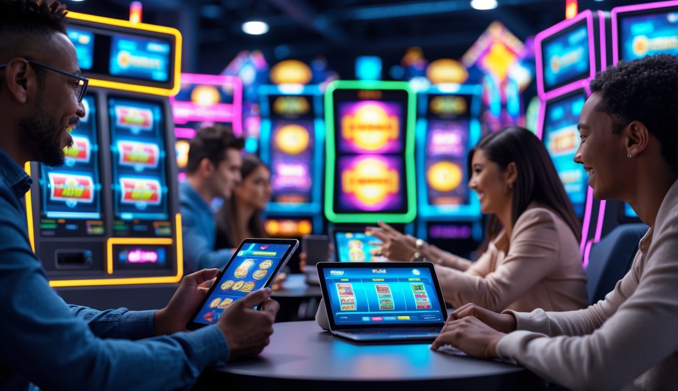 Beberapa orang bermain game slot online dengan perangkat digital di lingkungan yang cerah dan penuh warna.