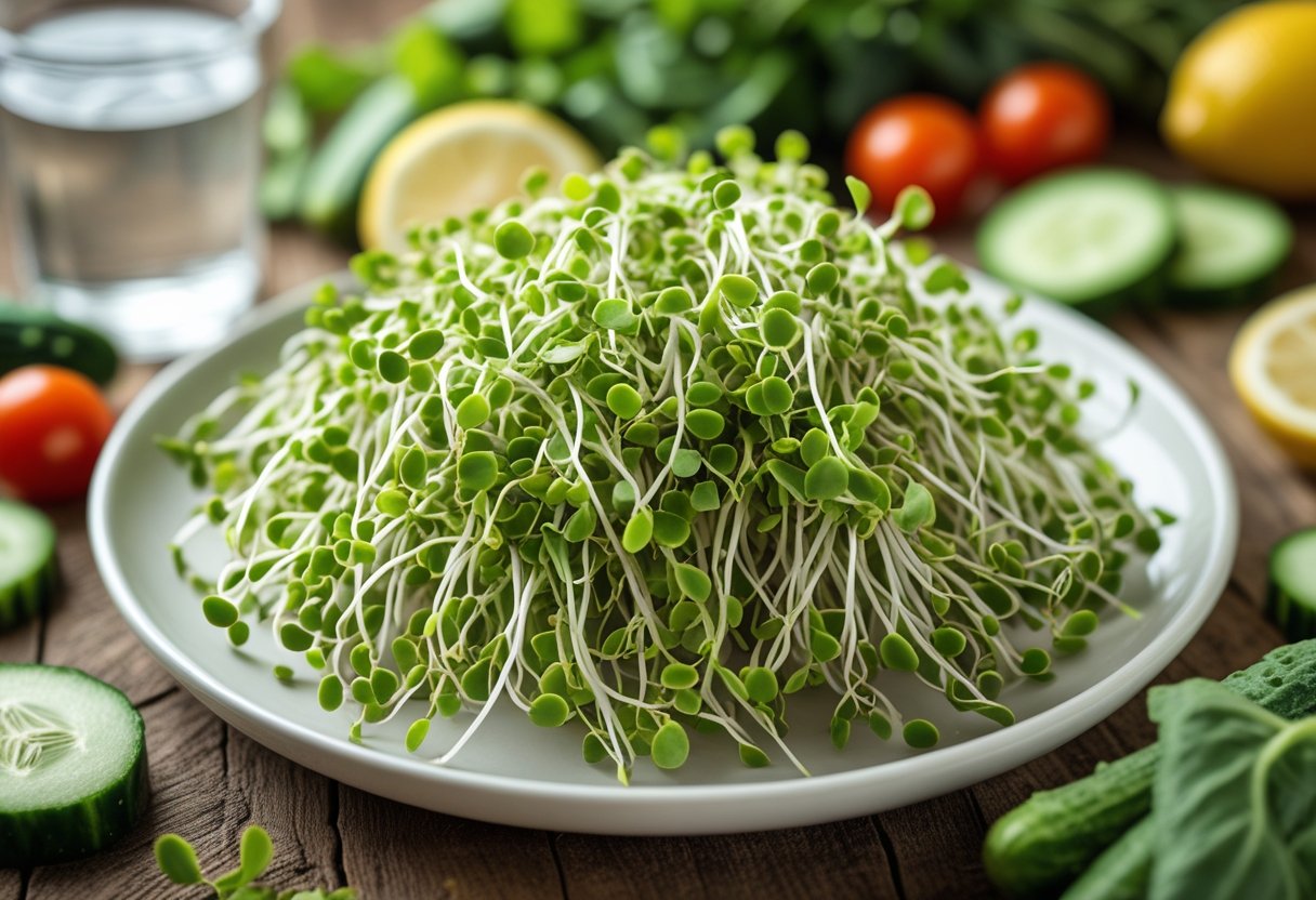 A plate of fresh green alfalfa sprouts surrounded by fresh vegetables on a wooden table.