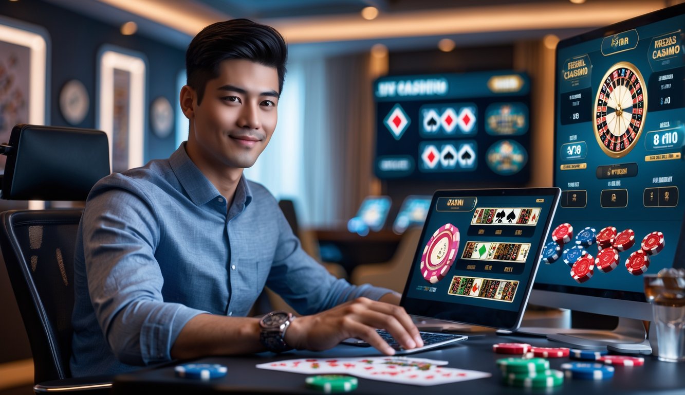 Seorang dewasa muda sedang duduk di meja modern dengan beberapa perangkat digital yang menampilkan berbagai permainan kasino langsung.