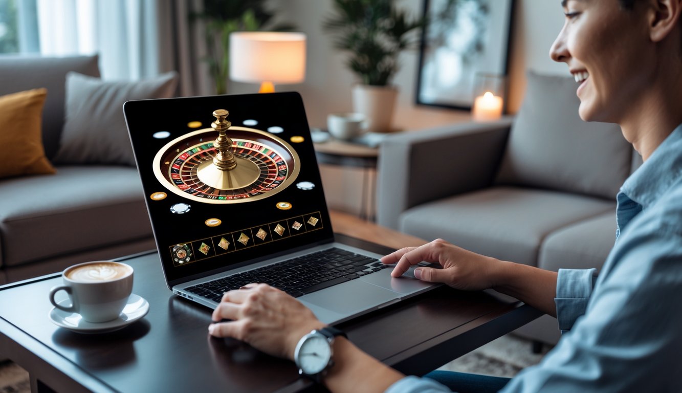 Seseorang bermain kasino langsung secara online di rumah menggunakan laptop di ruang tamu yang nyaman.