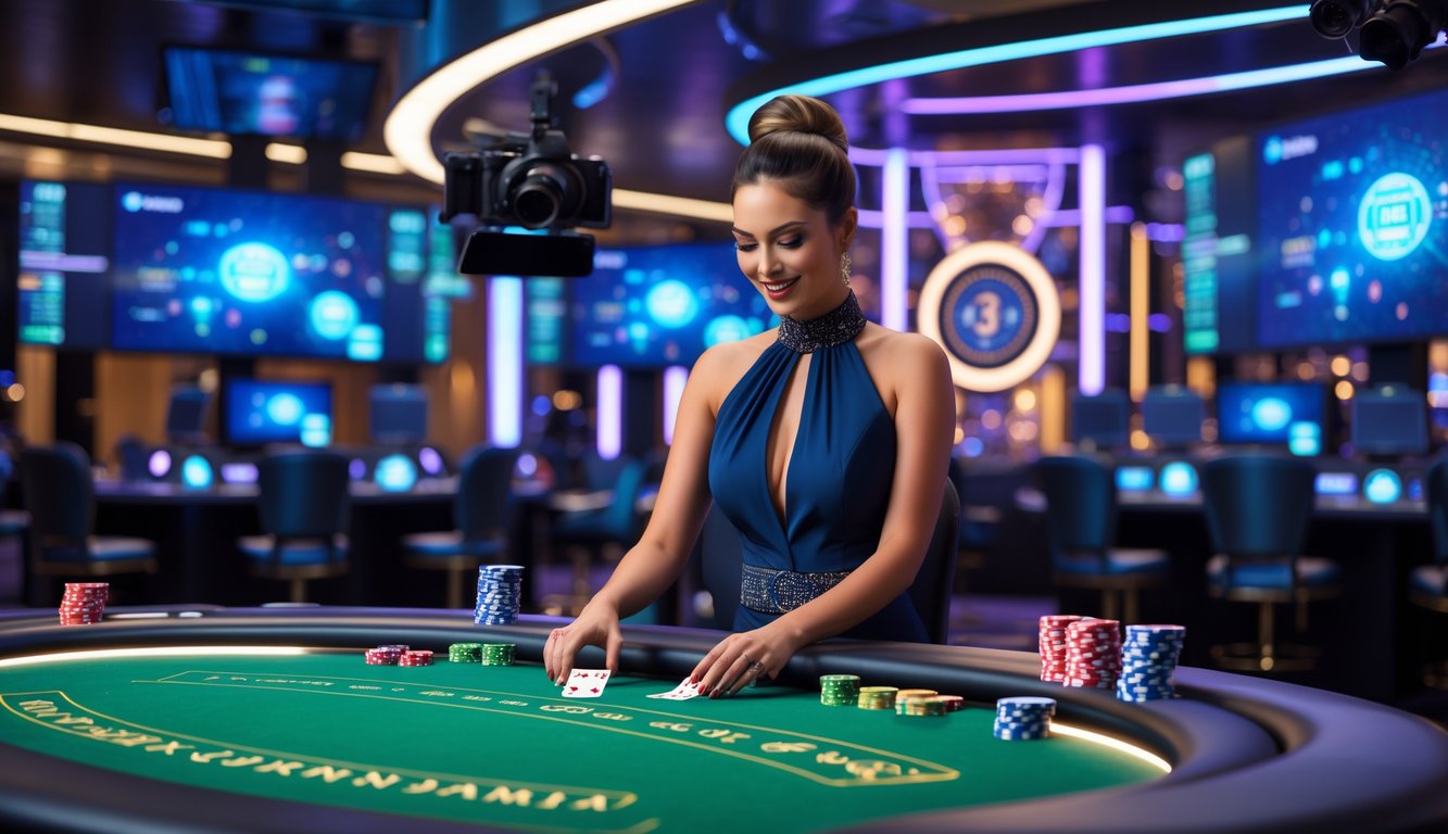 Seorang dealer wanita di meja kasino dengan layar dan kamera di sekelilingnya dalam studio kasino online yang modern.