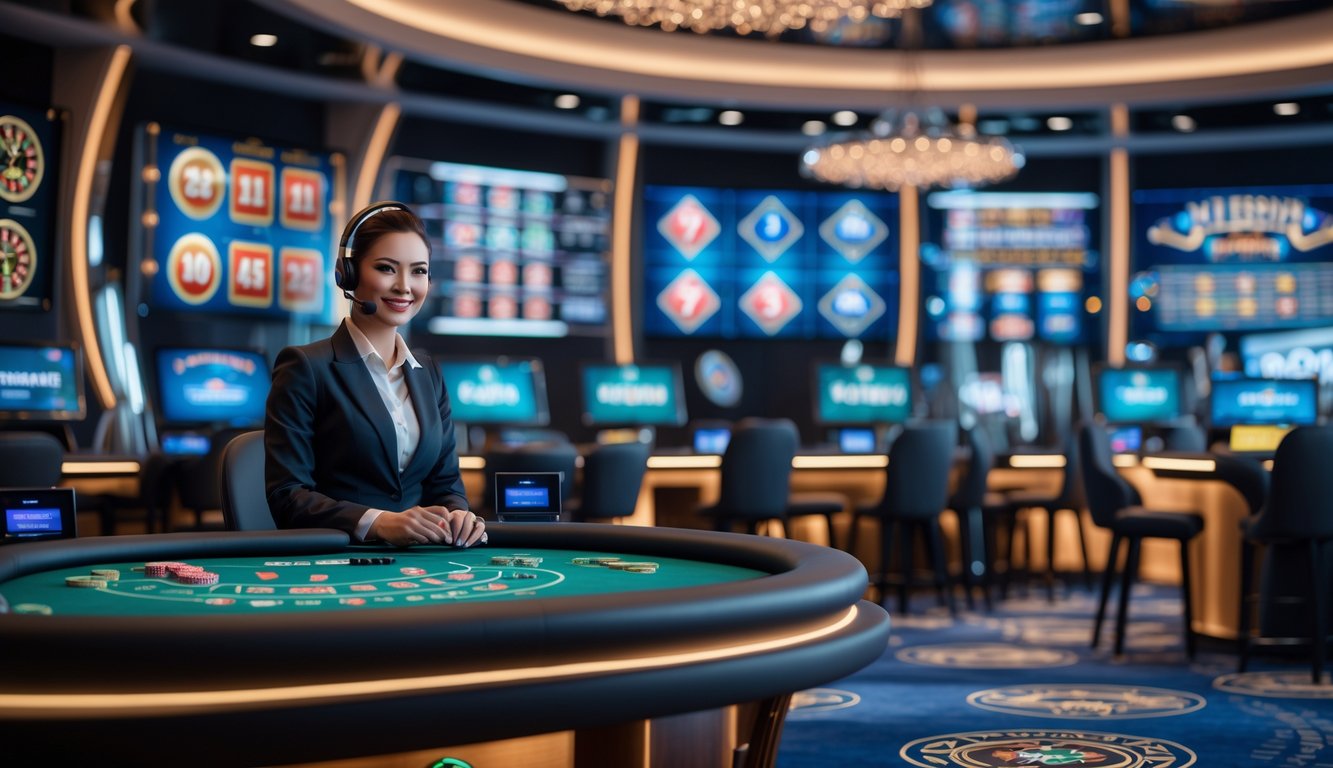 Seorang dealer profesional di studio kasino online modern dengan layar digital dan peralatan teknologi di sekitarnya.