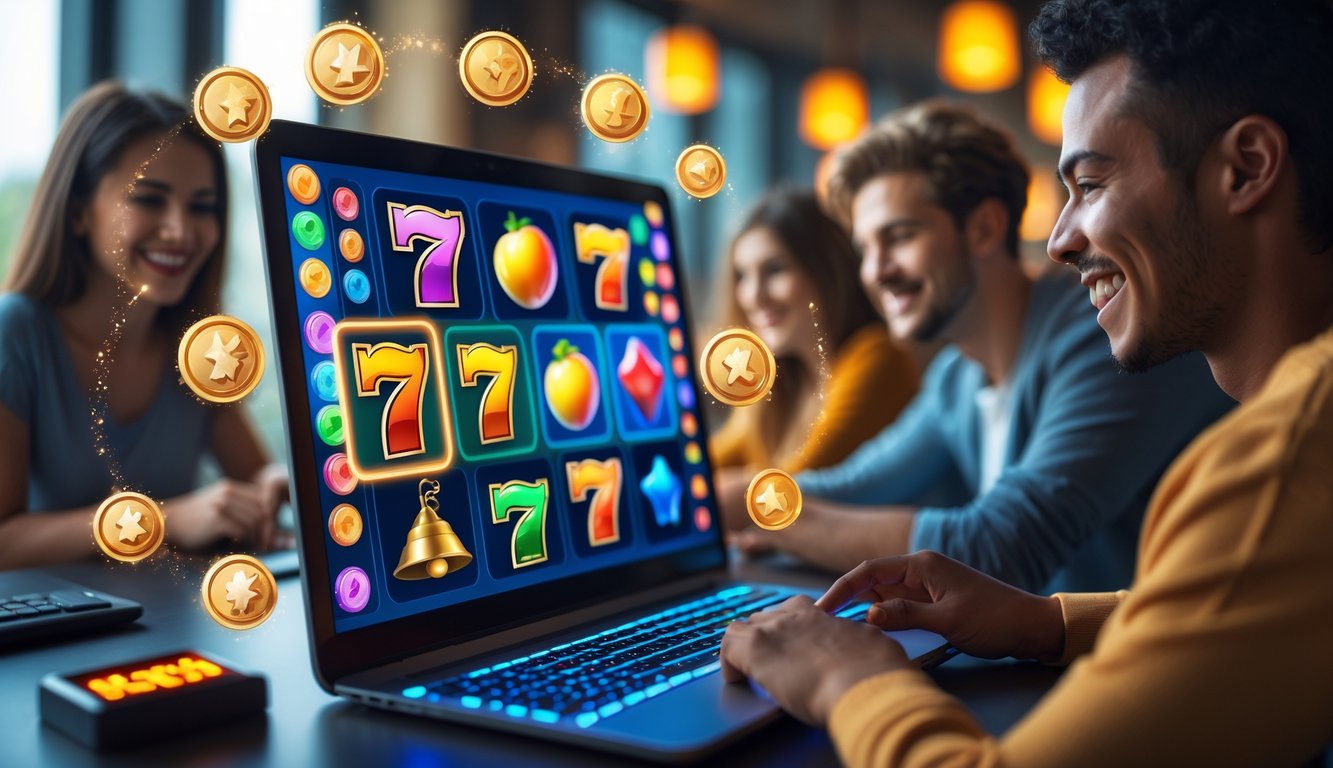 Orang-orang muda sedang bermain game slot online di laptop dengan tampilan gulungan slot berwarna-warni dan simbol freespin yang bersinar.