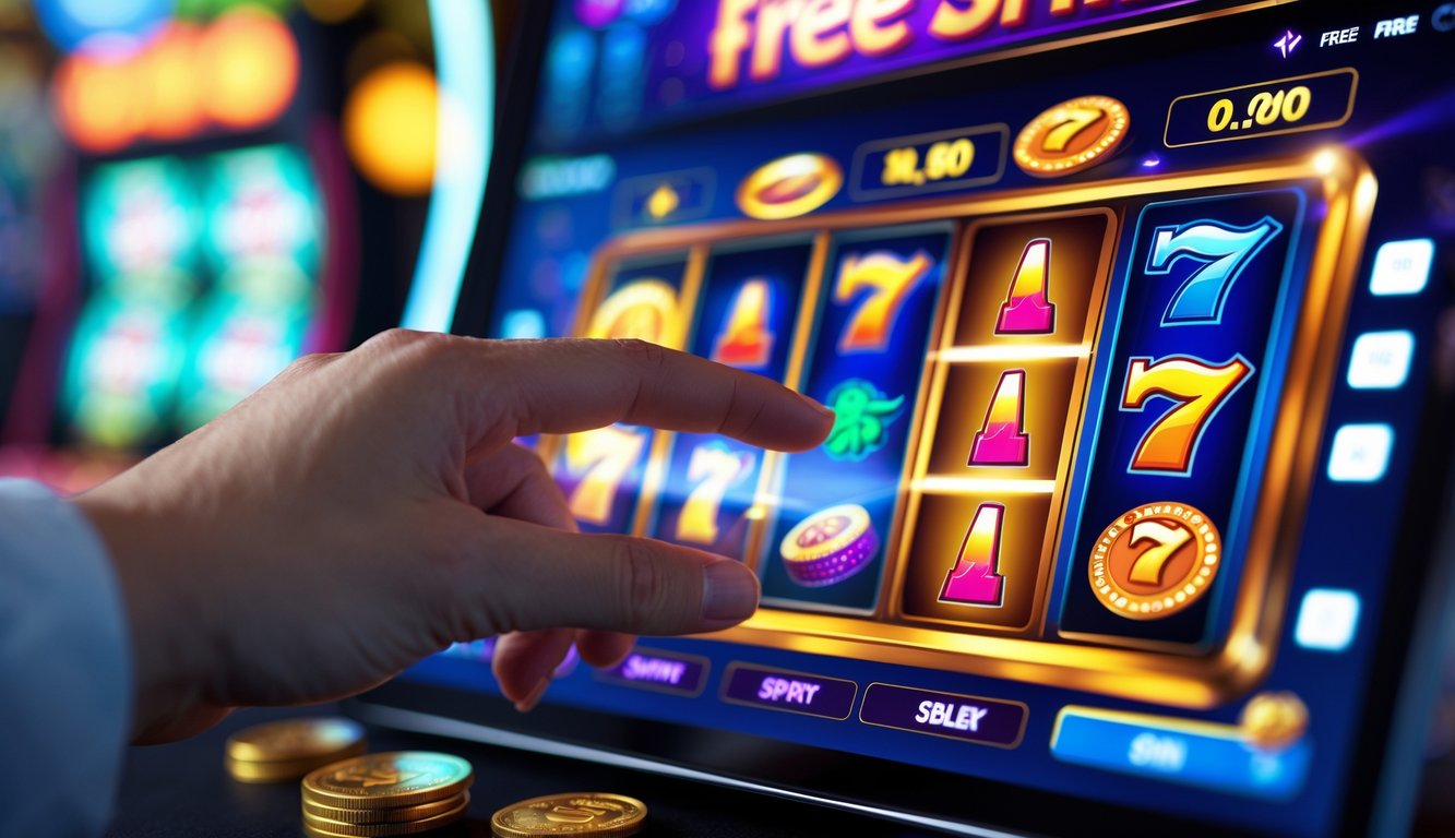 Tangan yang sedang mengaktifkan putaran gratis pada permainan slot online di layar perangkat modern.