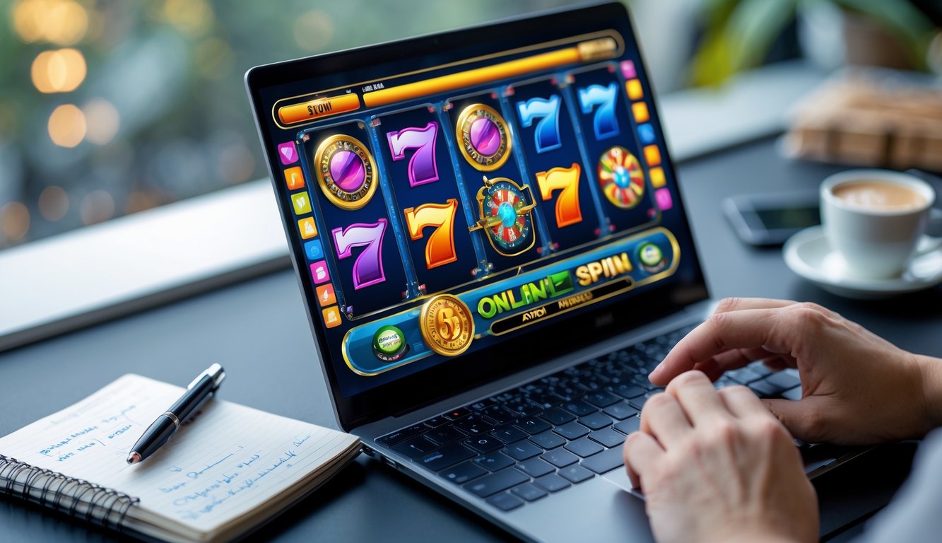 Seorang pria di meja kerja menggunakan laptop yang menampilkan permainan slot online dengan gulungan berputar, di samping terdapat buku catatan dan pena.