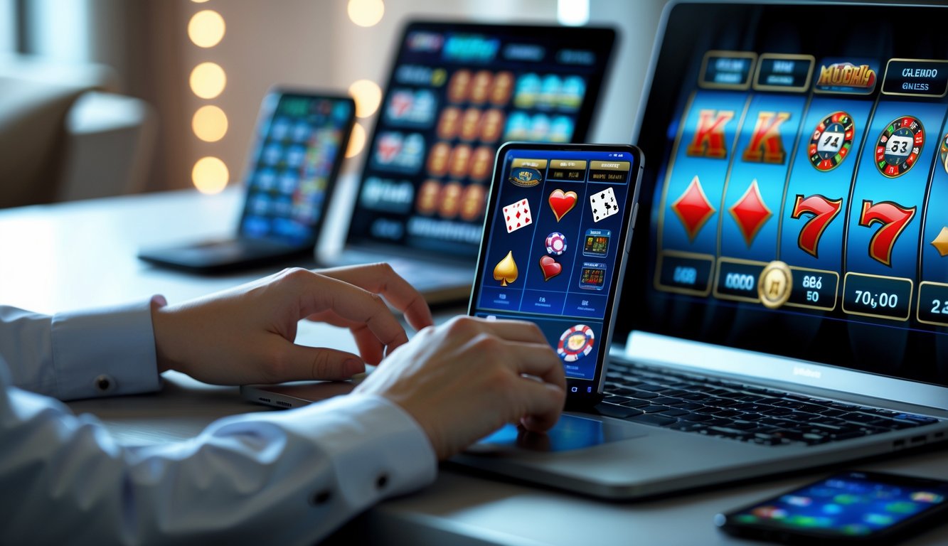 Seseorang menggunakan laptop dan ponsel untuk bermain berbagai permainan judi online di meja kerja yang rapi.