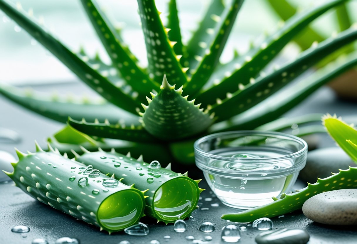 Close-up of fresh aloe vera plant with cut leaves showing gel and a bowl of aloe vera gel surrounded by natural elements.