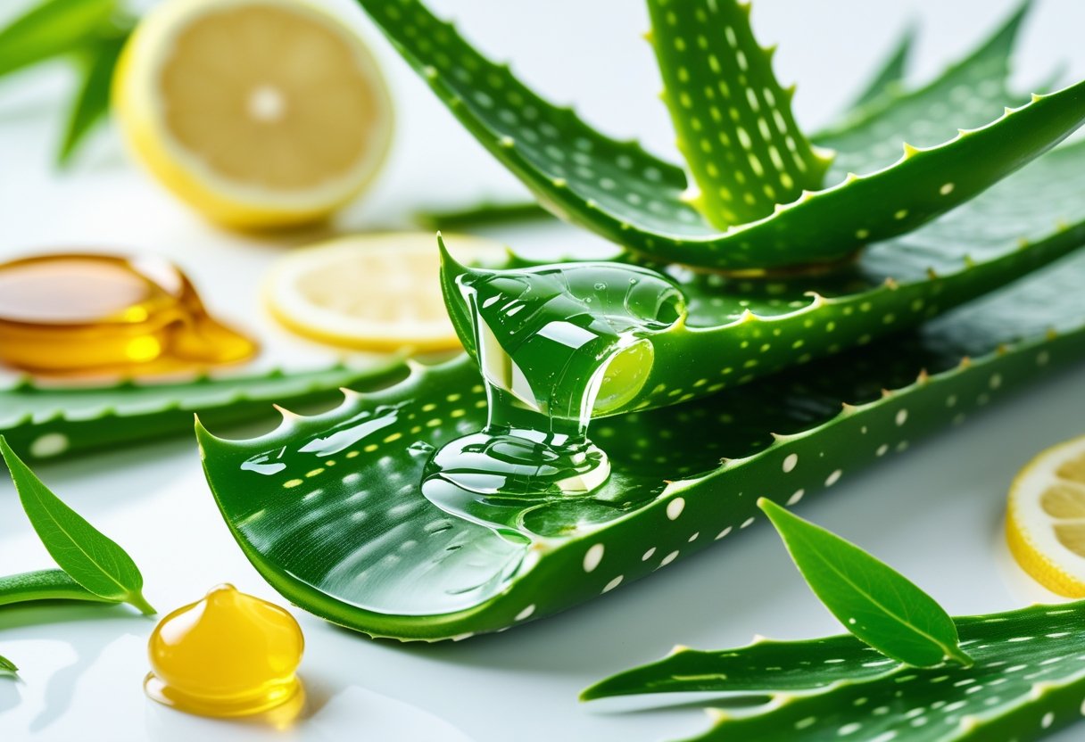 Close-up of fresh aloe vera leaves with gel oozing from a cut leaf, surrounded by honey, lemon slices, and green leaves on a white background.