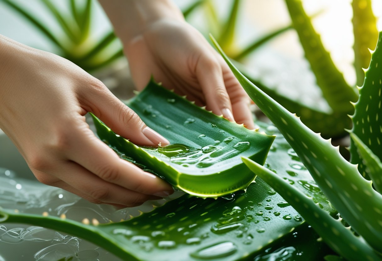 Close-up of hands applying fresh aloe vera gel from a green aloe leaf surrounded by aloe plants and water droplets.