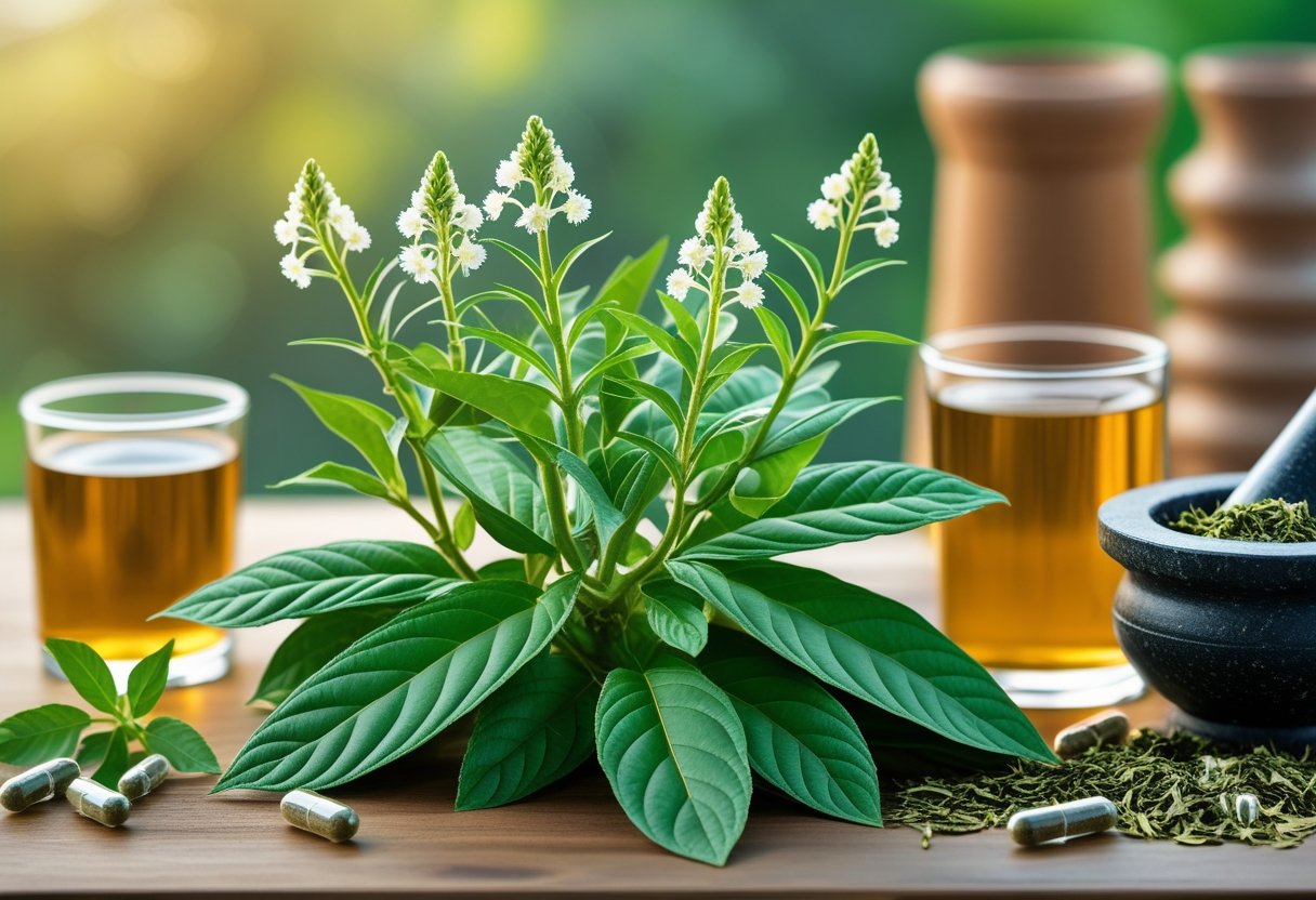 Fresh Andrographis paniculata leaves and flowers displayed with herbal tea, capsules, and a mortar and pestle on a wooden table.