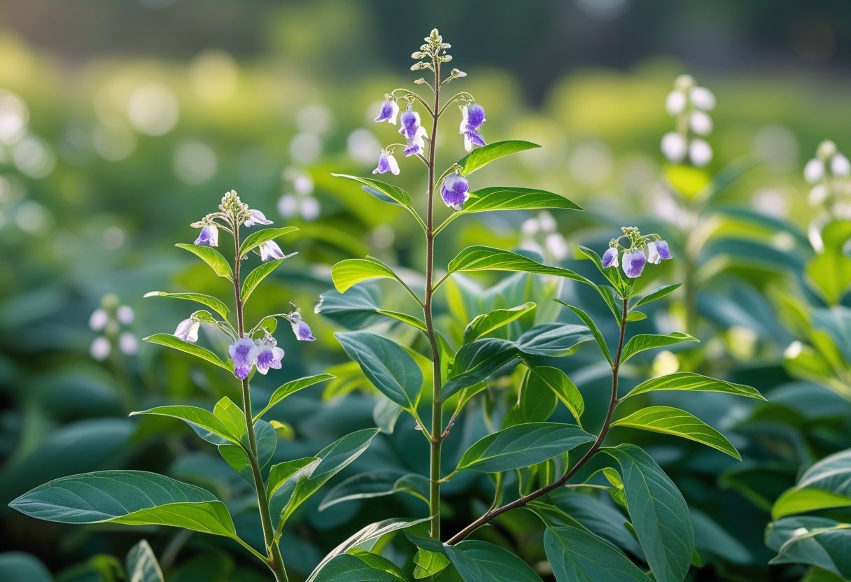 Close-up of fresh Andrographis paniculata plants with green leaves and small white flowers outdoors.
