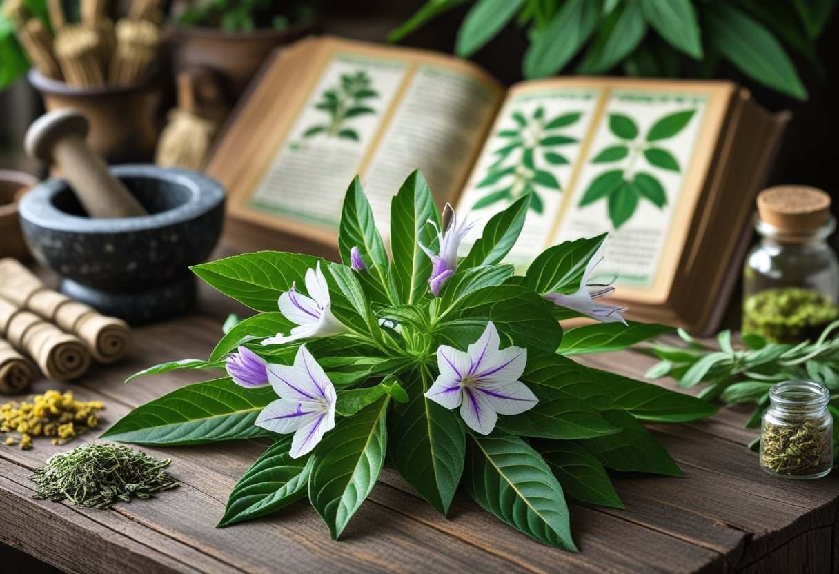 Close-up of fresh Andrographis paniculata leaves and flowers on a wooden table with herbal medicine tools and an open ancient herbal book in the background.