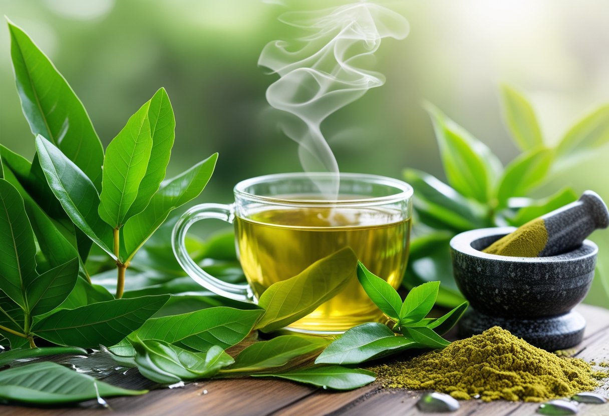 Fresh Arjuna leaves, bark, and a cup of herbal tea arranged on a wooden surface with natural lighting.