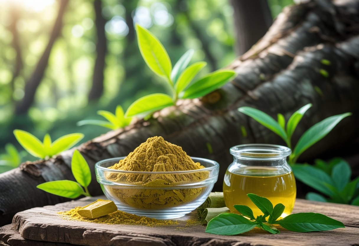 Close-up of fresh Arjuna tree bark and leaves with a glass bowl of Arjuna powder and a jar of herbal tea on a wooden surface in a sunlit forest.