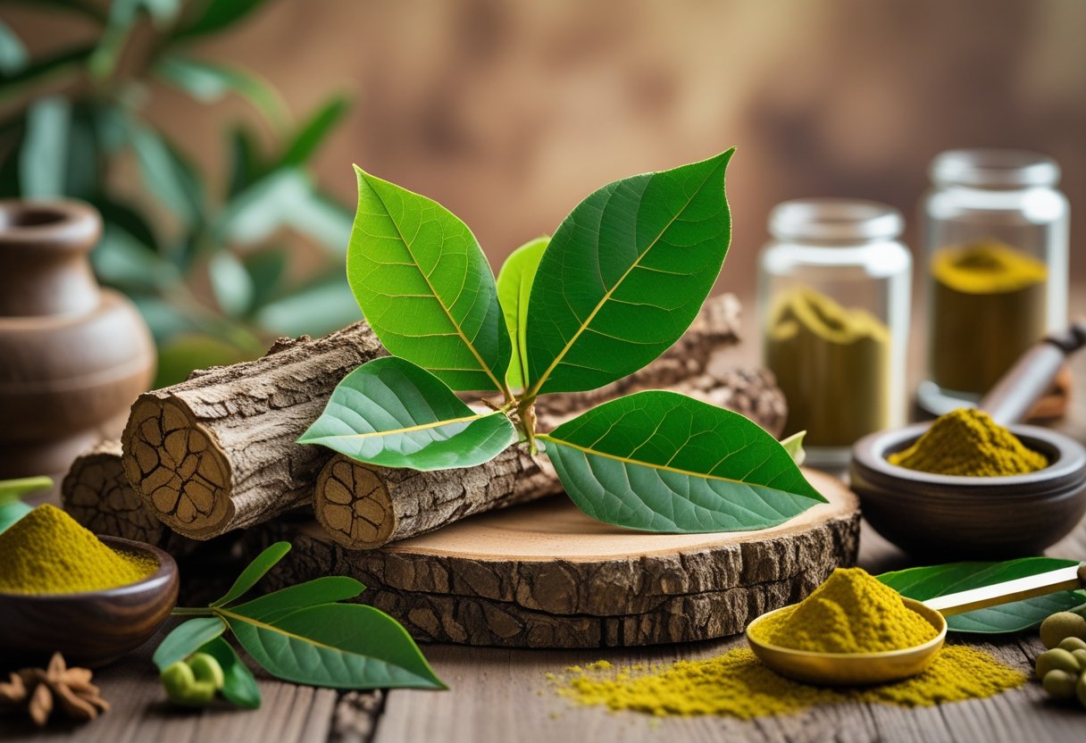 Close-up of fresh Arjuna tree bark and leaves arranged with herbal powders and a mortar and pestle on a wooden surface.