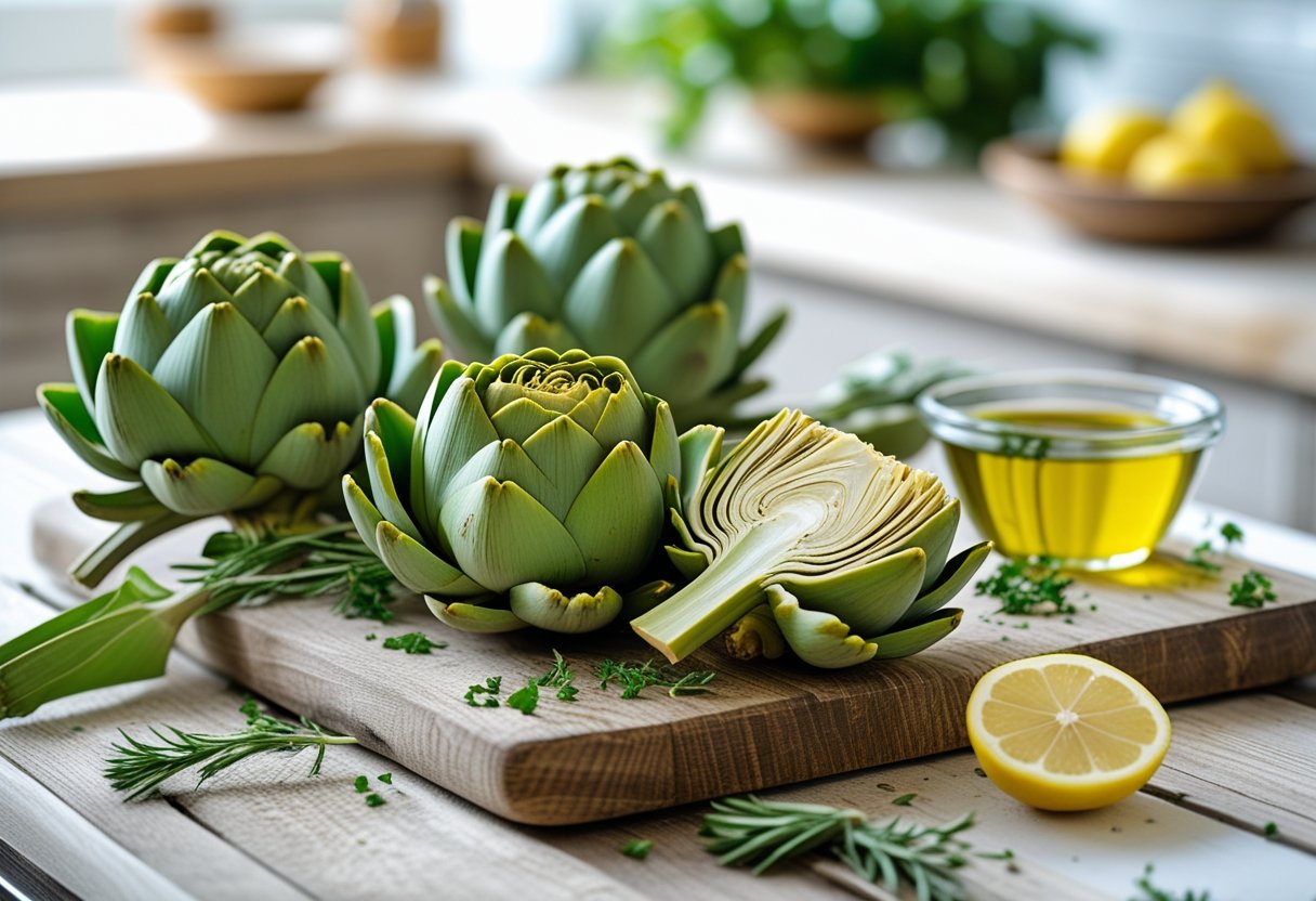 Fresh whole and sliced artichokes on a wooden cutting board with olive oil and lemon wedges in a kitchen setting.