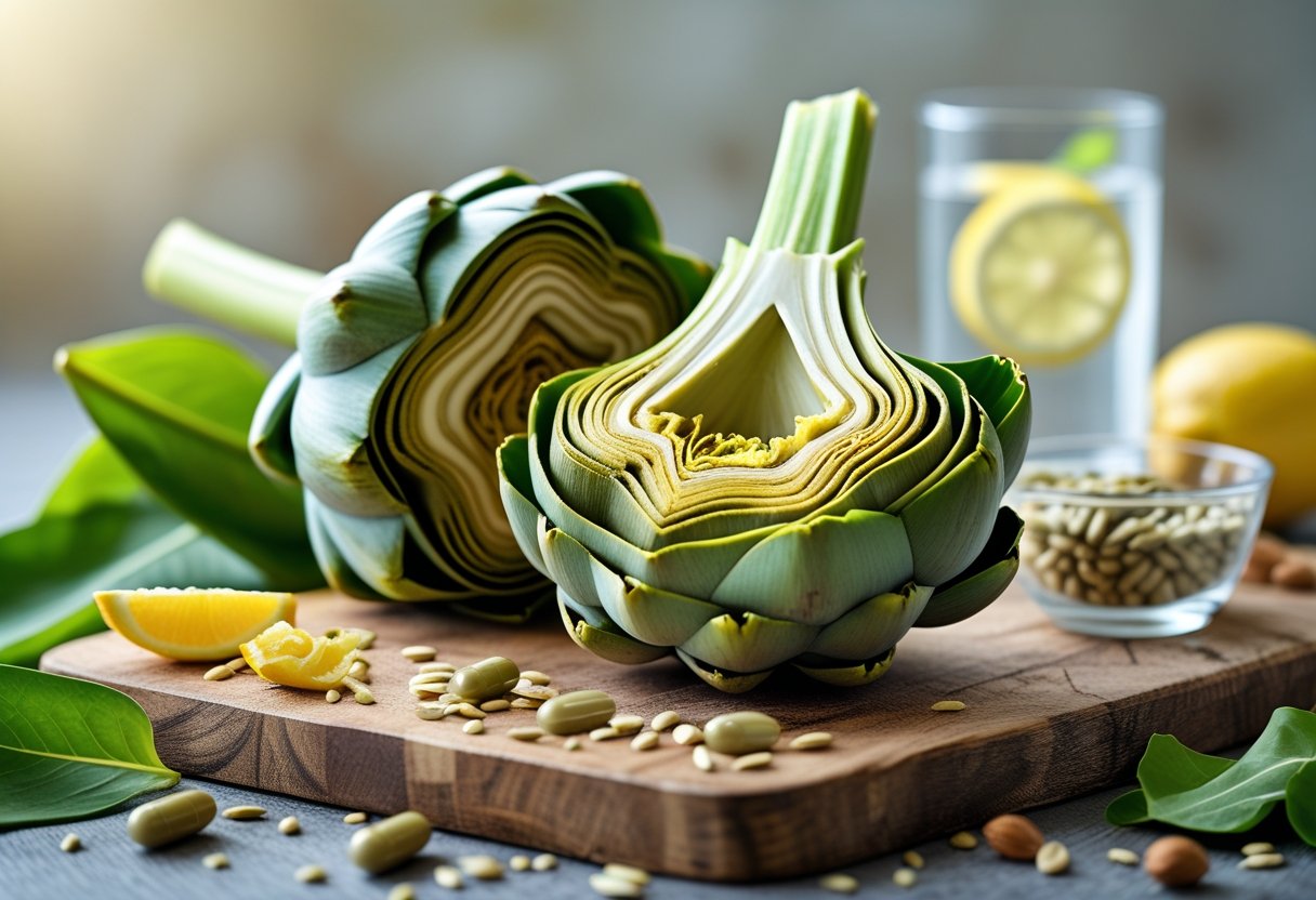 A fresh artichoke cut open on a wooden board surrounded by green leaves, a bowl of capsules, lemon water, and nuts.