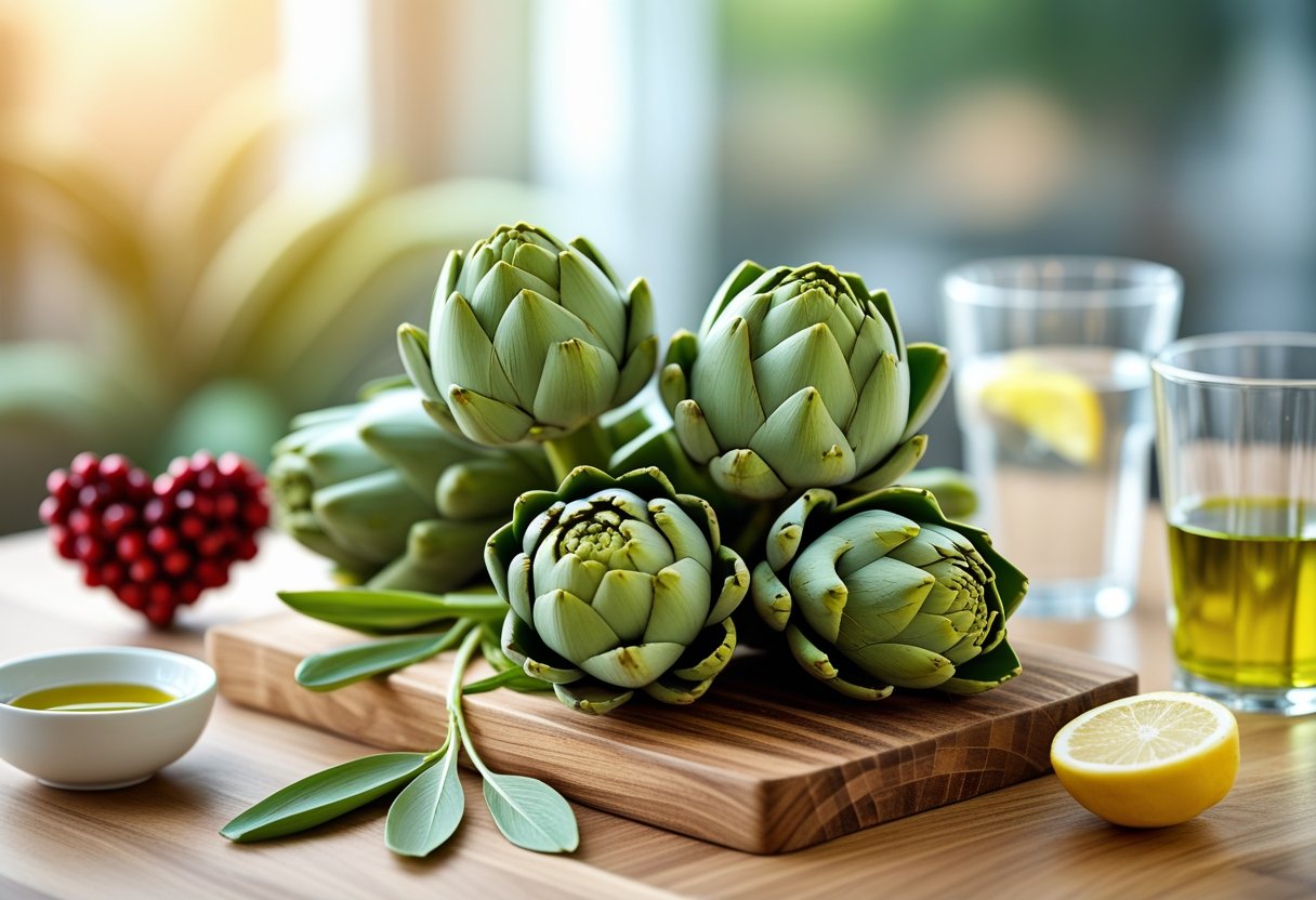 Fresh artichokes on a wooden cutting board with olive oil and heart-shaped red berries nearby.