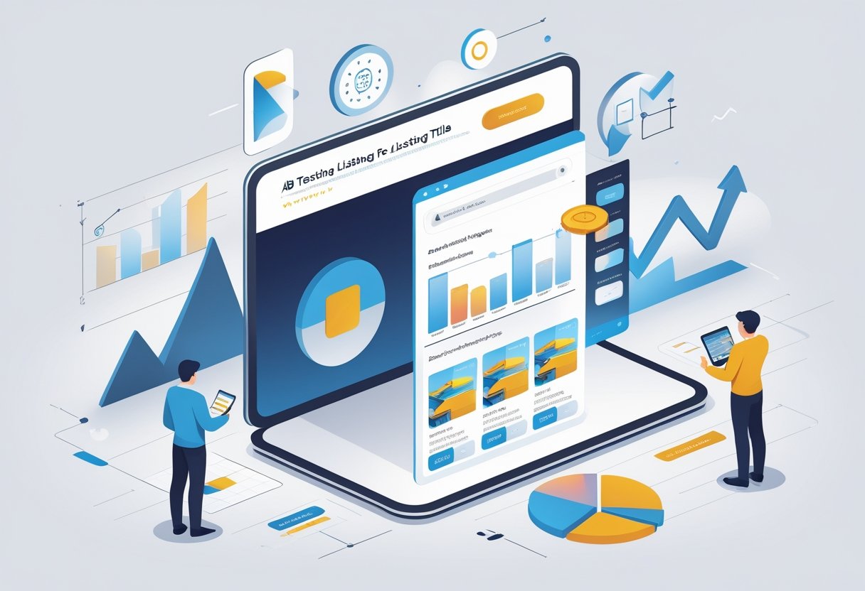 A split screen showing two different versions of a product listing on a digital device, with charts and arrows around it indicating comparison and analysis.