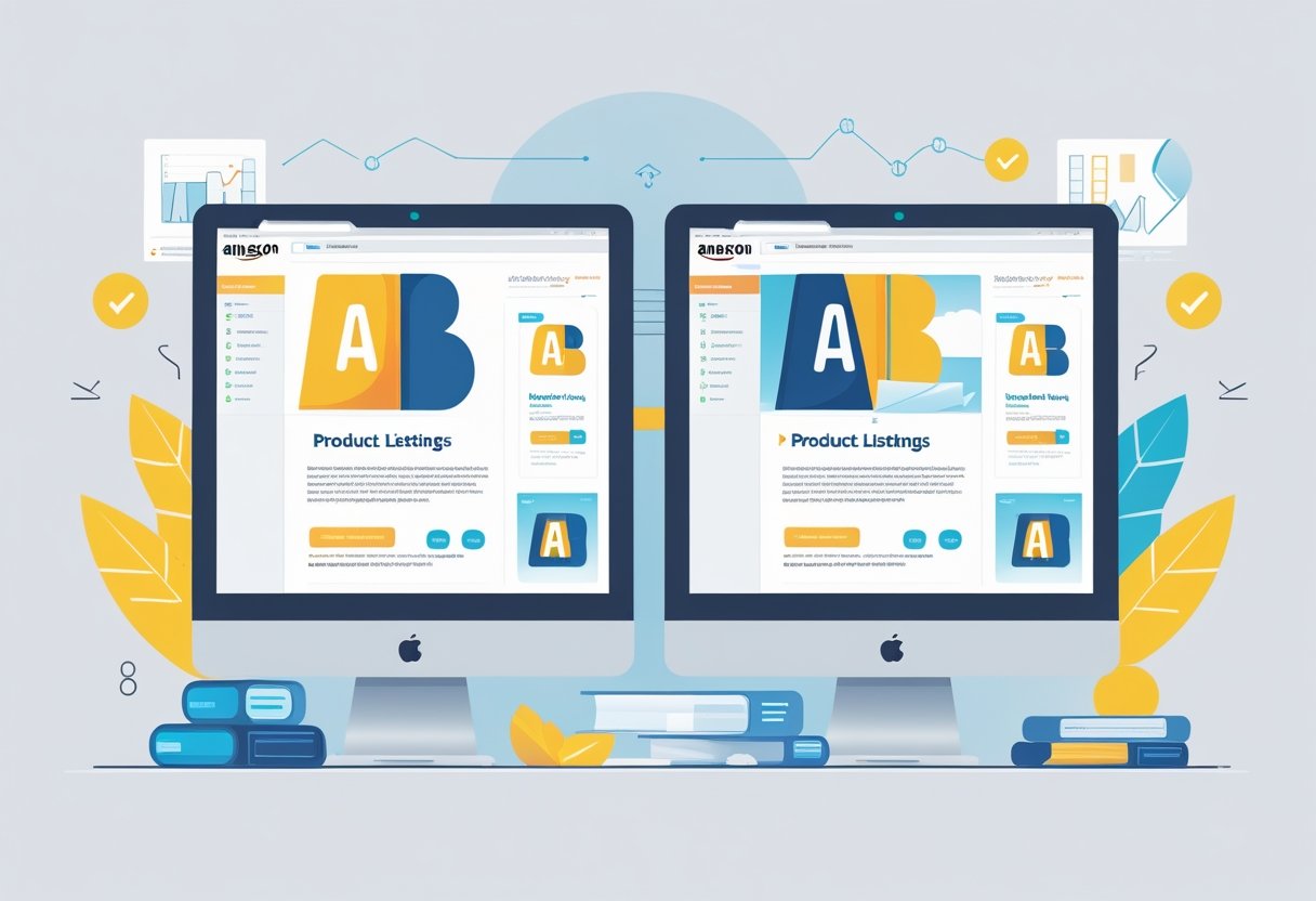 Two side-by-side screens showing different Amazon product listings with varying titles and images, surrounded by icons and charts representing data comparison and testing.