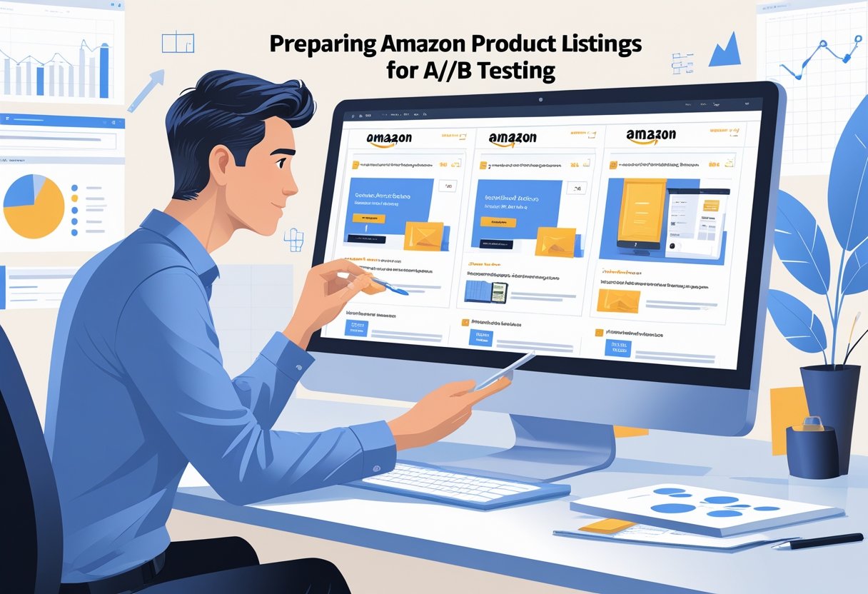 Person analyzing two versions of an Amazon product listing on a split computer screen in an office setting with charts and notes nearby.