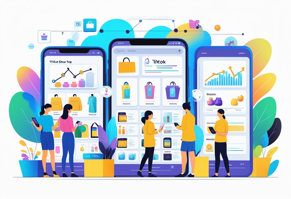 A digital marketplace scene showing various popular product categories like fashion, beauty, electronics, home goods, and fitness, with shoppers browsing and graphs indicating sales trends.