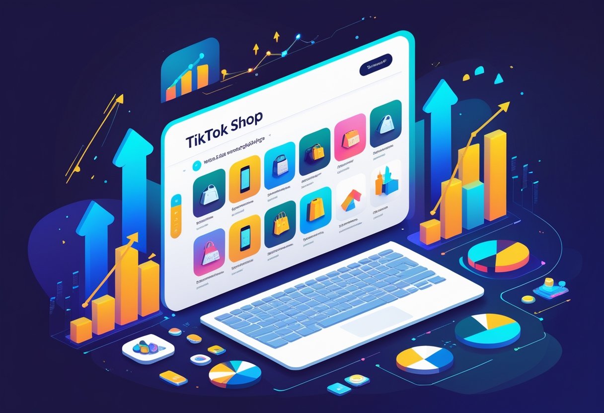 An illustration showing various popular product categories in an online marketplace with icons for fashion, beauty, electronics, and home goods, accompanied by graphical elements indicating growth and trends.