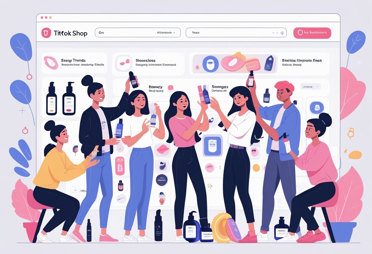A group of young adults using and exploring various beauty and personal care products in a modern digital marketplace setting.