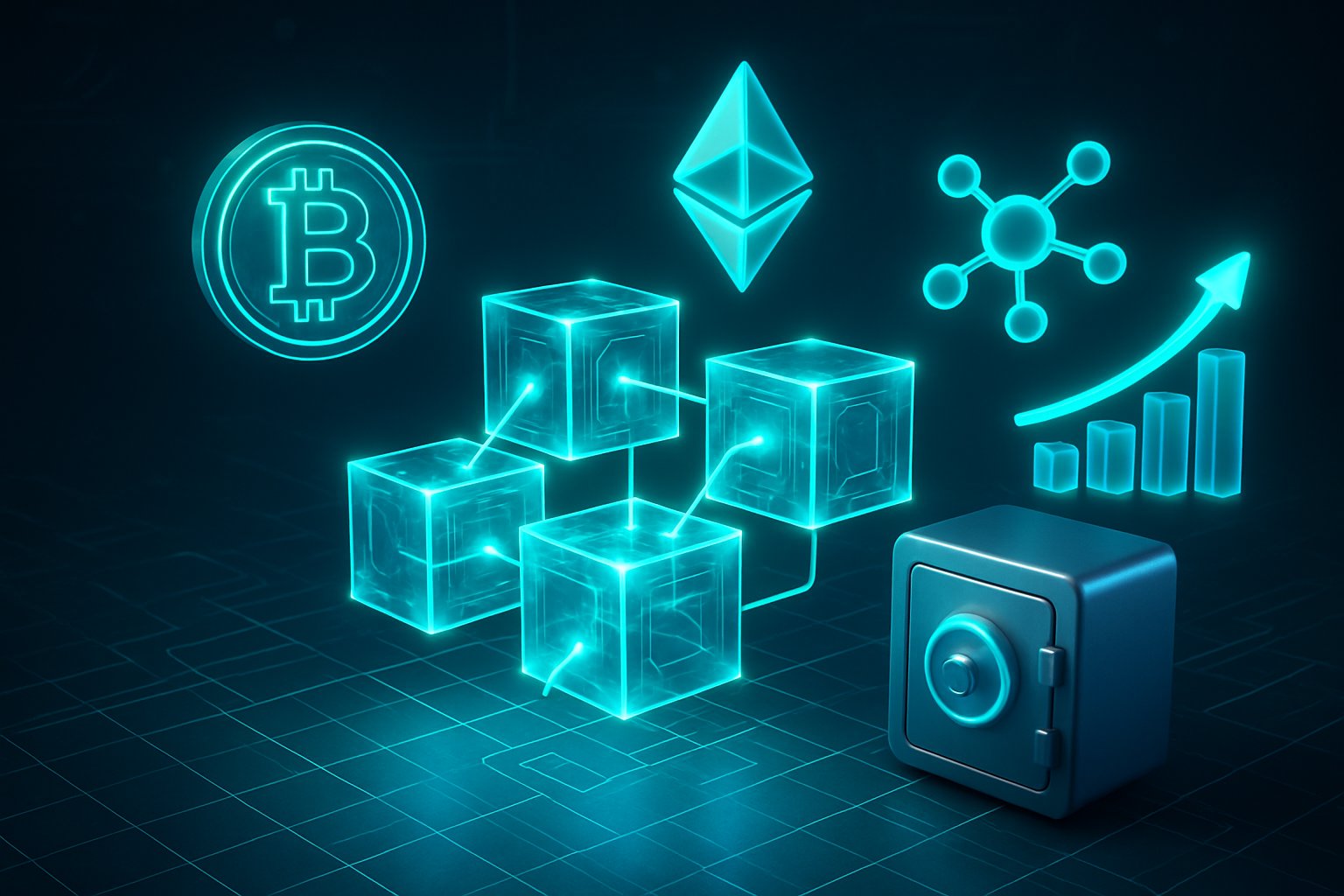 A 3D digital scene showing a glowing blockchain network with floating blocks and holographic icons representing cryptocurrency concepts like Bitcoin, Ethereum, decentralized finance, a digital wallet, and a rising market graph.