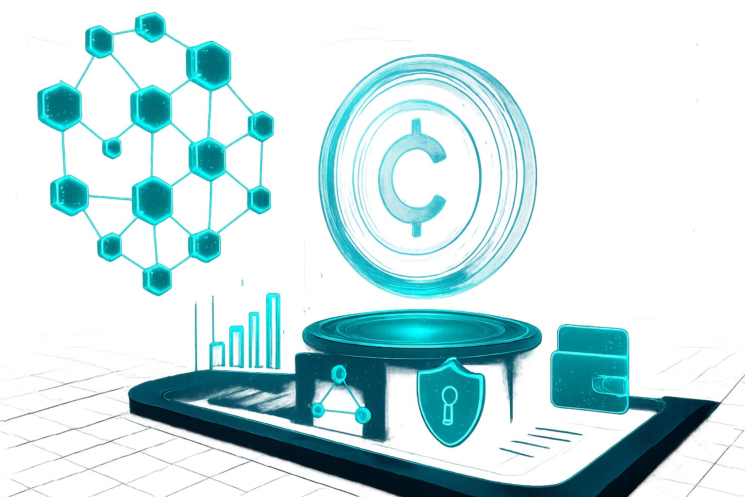 A 3D scene showing a glowing blockchain network with interconnected nodes and a large digital coin hovering above a platform, surrounded by holographic charts and icons representing cryptocurrency concepts.