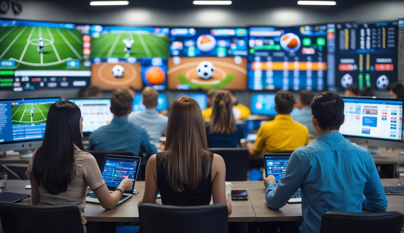Orang-orang sedang menggunakan komputer dan perangkat digital untuk bertaruh pada berbagai pertandingan olahraga secara online.