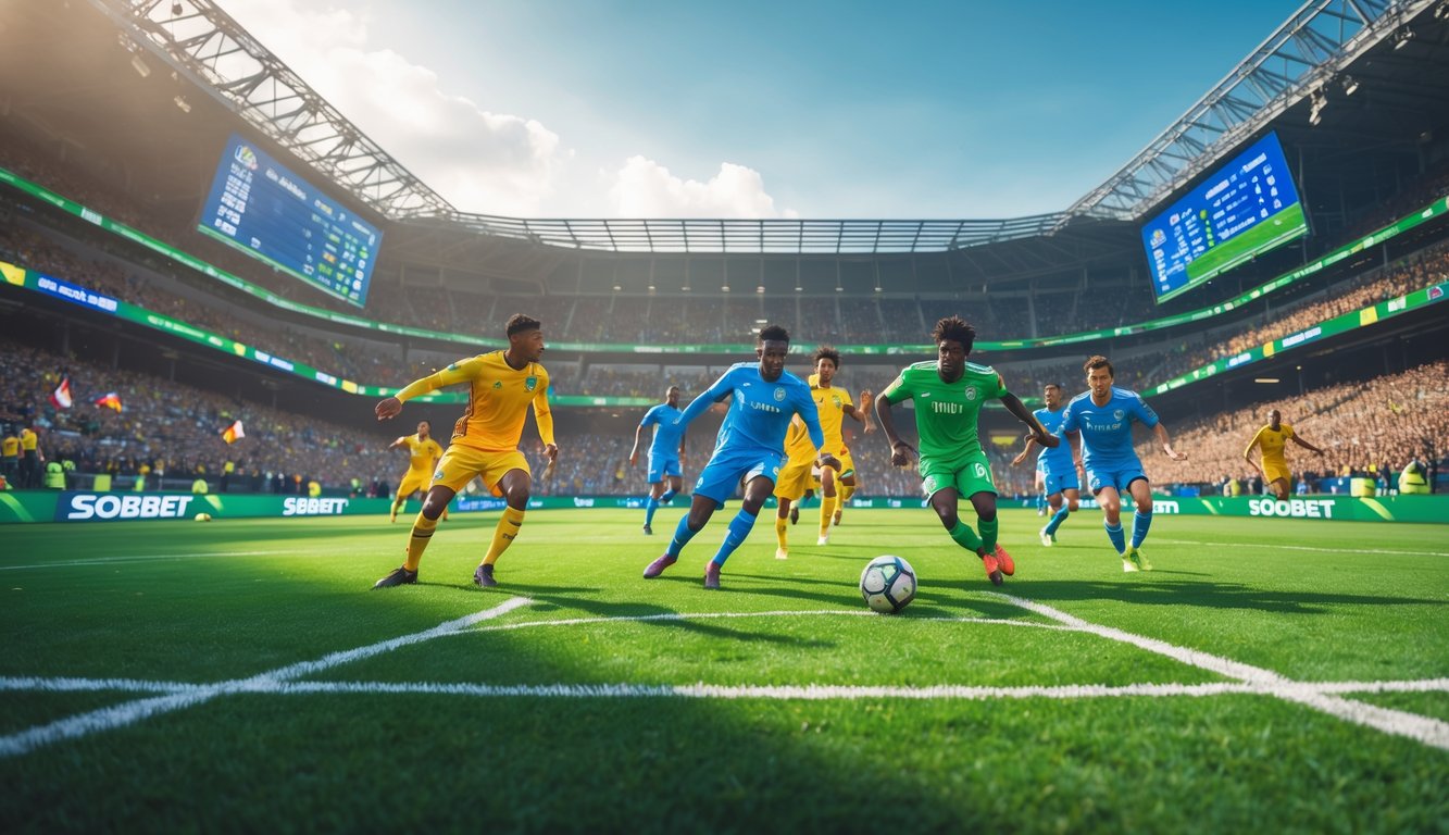 Pertandingan sepak bola yang sedang berlangsung di stadion dengan pemain yang aktif dan penonton yang antusias.