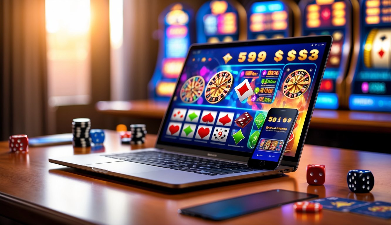 Perangkat elektronik di atas meja dengan tampilan permainan kasino online berwarna-warni dan elemen permainan seperti chip poker dan kartu di sekitarnya.