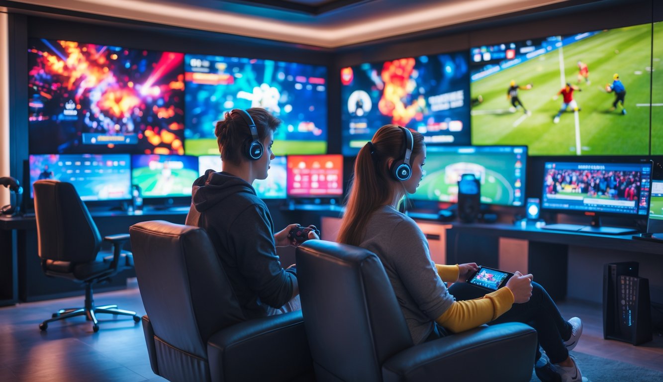 Dua orang muda sedang bermain game digital dan memasang taruhan olahraga secara online di ruangan modern dengan beberapa layar besar menampilkan grafik permainan dan acara olahraga langsung.