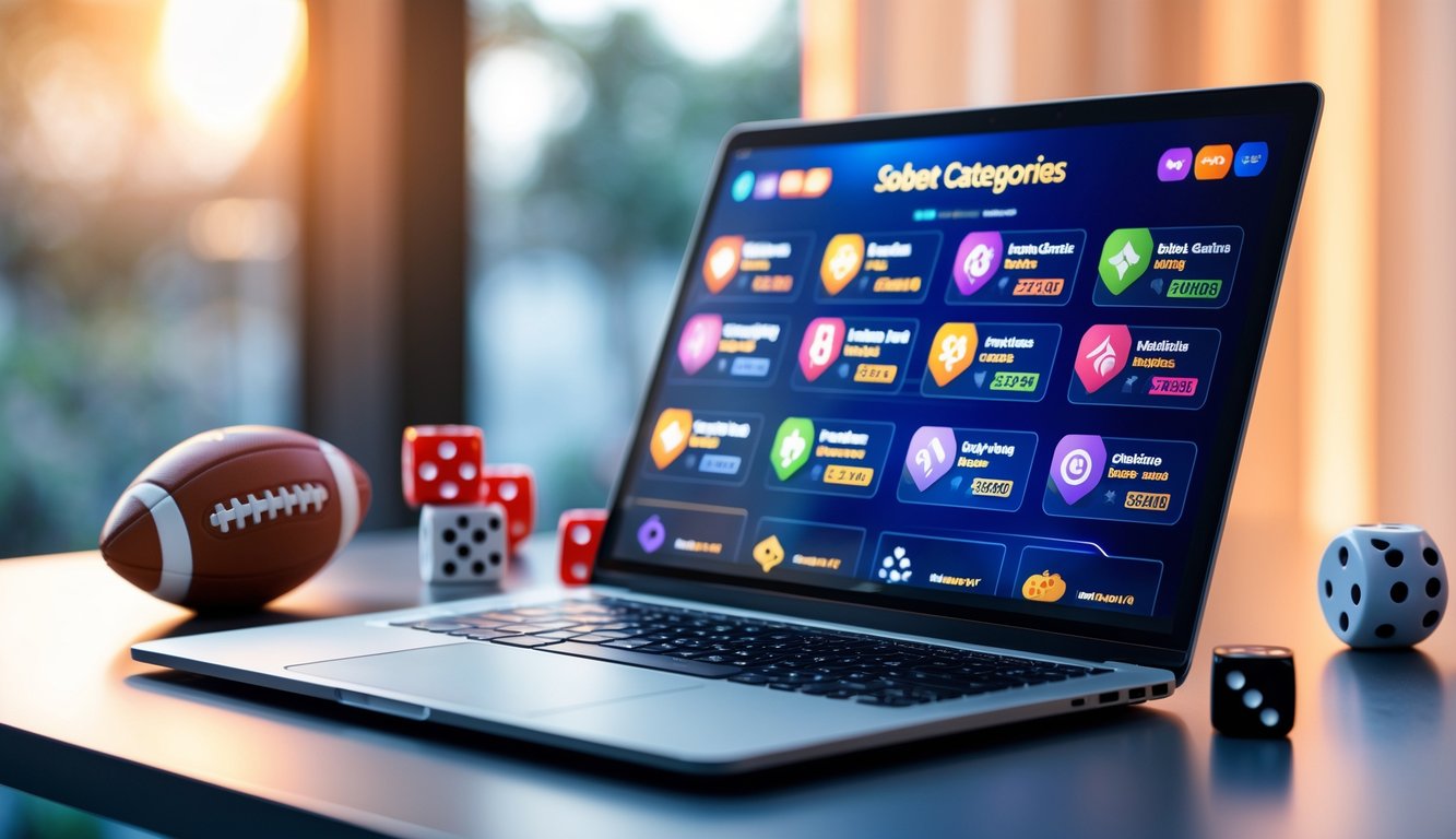 Sebuah laptop di atas meja menampilkan berbagai kategori permainan online dengan simbol bola sepak, kartu remi, dadu, dan roda roulette di sekitarnya.