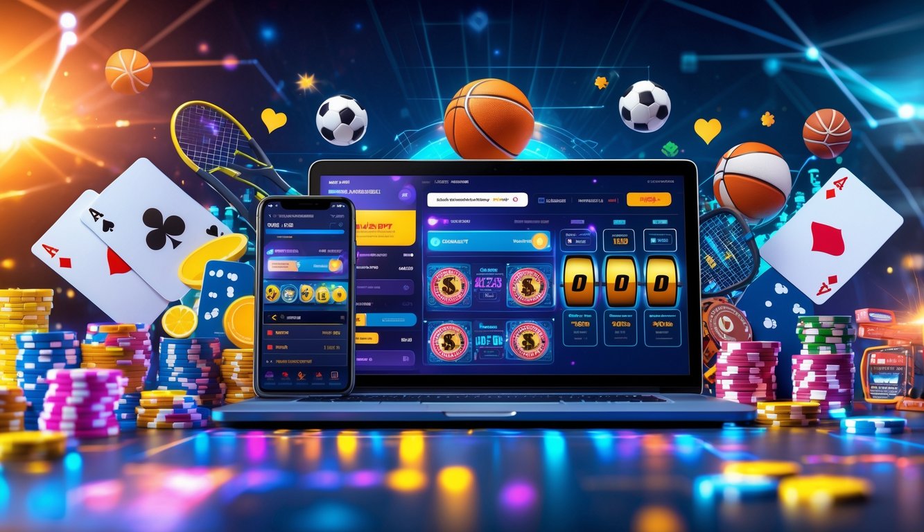 Seorang pria menggunakan laptop dan smartphone dengan tampilan permainan dan taruhan olahraga online di meja kerja yang rapi.