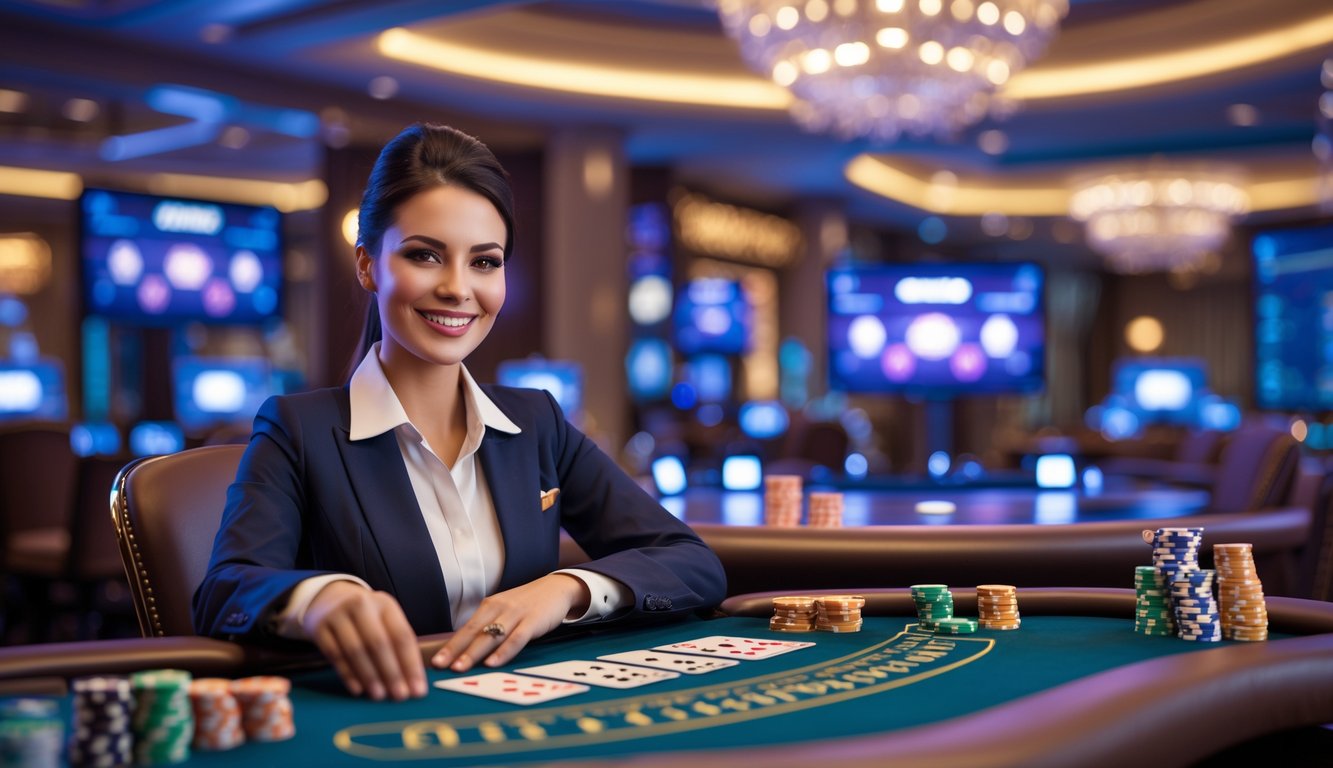 Seorang dealer profesional tersenyum di meja permainan kasino langsung dengan kartu dan chip, di studio kasino yang modern dan elegan.