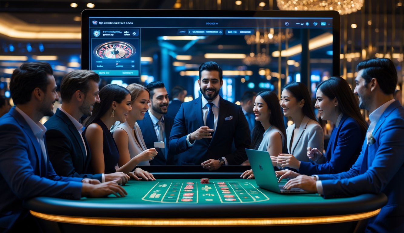 Orang-orang bermain kasino online langsung dengan dealer digital di layar besar dalam suasana mewah dan nyaman.