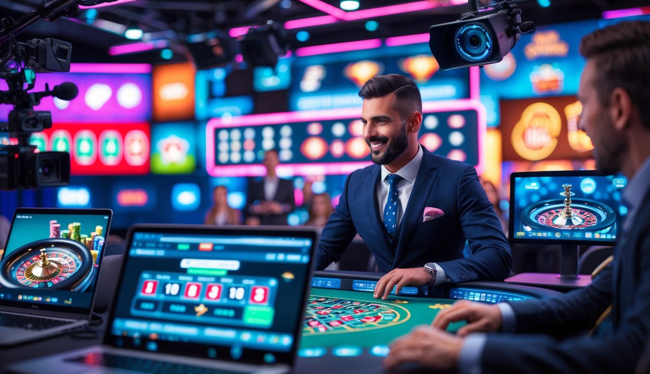 Seorang dealer kasino profesional di studio streaming dengan layar besar menampilkan permainan kasino, dikelilingi oleh perangkat digital dan lampu neon.