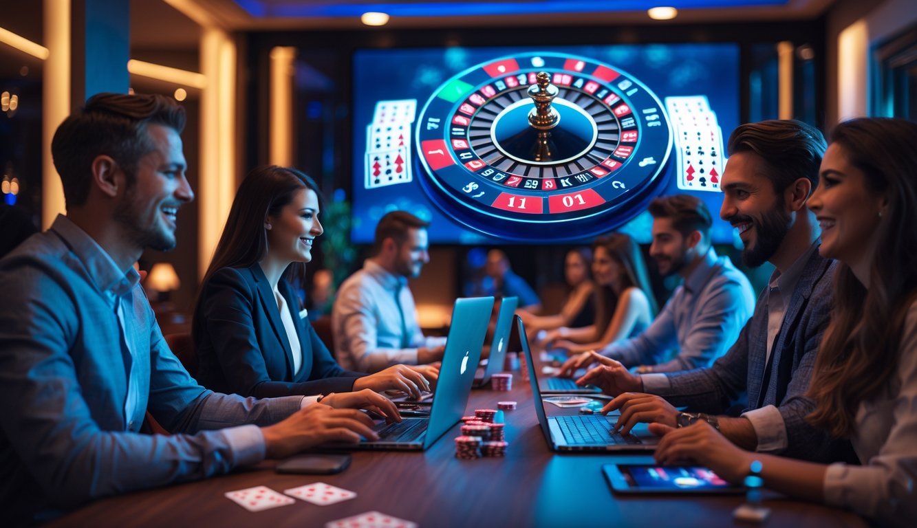 Beberapa orang bermain permainan kasino online secara langsung menggunakan laptop dan ponsel di sebuah ruangan modern dengan layar besar menampilkan dealer kasino.