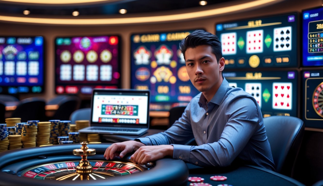 Seorang pria muda duduk di meja kasino dengan beberapa layar elektronik menampilkan permainan kasino populer, fokus bermain di lingkungan kasino online.